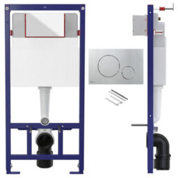 Concealed 1.12M Wall Hung Toilet Cistern Frame Adjustable Wc Unit & Gloss Chrome, White Trim Flush Plate - thumbnail 1