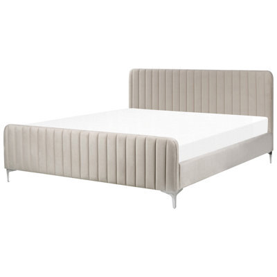 Beliani Bed Velvet Lunan 180 X 200 Cm (Eu Super King) Taupe - image 1