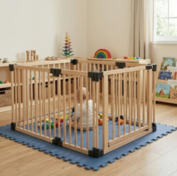 Safetots Wooden Play Den 80Cm X 120Cm, Natural Wood, 76Cm High, With Soft Foam Play Mat, Dusty Blue, 90Cm X 150Cm - thumbnail 1