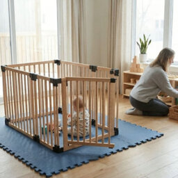 Safetots Wooden Play Den 80Cm X 120Cm, Natural Wood, 76Cm High, With Soft Foam Play Mat, Dusty Blue, 90Cm X 150Cm - thumbnail 8