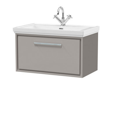 Balterley Longnor Modern Bathroom Wall Hung Single Drawer Vanity Unit With Fireclay Basin, Pebble Grey, 800mm - image 1