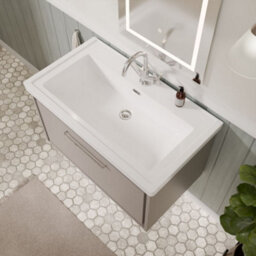 Balterley Longnor Modern Bathroom Wall Hung Single Drawer Vanity Unit With Fireclay Basin, Pebble Grey, 800mm - thumbnail 3