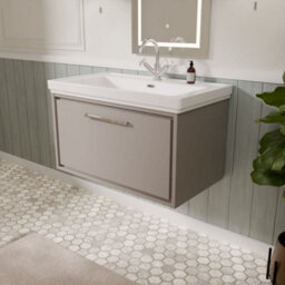 Balterley Longnor Modern Bathroom Wall Hung Single Drawer Vanity Unit With Fireclay Basin, Pebble Grey, 800mm - thumbnail 4