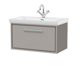 Balterley Longnor Modern Bathroom Wall Hung Single Drawer Vanity Unit With Fireclay Basin, Pebble Grey, 800mm - thumbnail 1