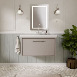 Balterley Longnor Modern Bathroom Wall Hung Single Drawer Vanity Unit With Fireclay Basin, Pebble Grey, 800mm - thumbnail 2