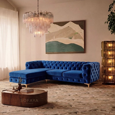 Monaco Chesterfield 3 Seater Chaise Sofa Blue Velvet L Shaped Corner Chaise- Left Hand Deep Buttoned Upholstery Couch Lounge - image 1