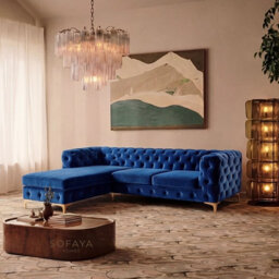 Monaco Chesterfield 3 Seater Chaise Sofa Blue Velvet L Shaped Corner Chaise- Left Hand Deep Buttoned Upholstery Couch Lounge - thumbnail 1