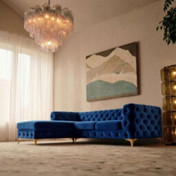 Monaco Chesterfield 3 Seater Chaise Sofa Blue Velvet L Shaped Corner Chaise- Left Hand Deep Buttoned Upholstery Couch Lounge - thumbnail 2