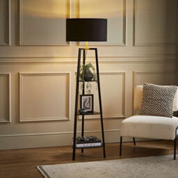 Valuelights Hiru Black 3 Tier Shelf Floor Lamp With Metallic Gold Inner Shade
