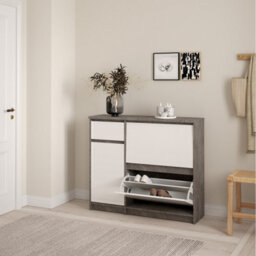 Furniture To Go Naia Shoe Cabinet With 2 Flip Down Doors 1 Door And 1 Drawer In Concrete And White High Gloss (W) 108.9 X  (H) 92.9 X (D) 31.5Cm - thumbnail 8