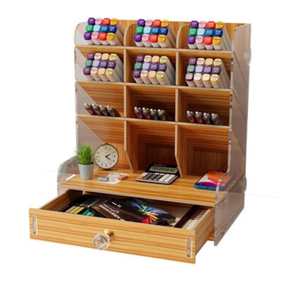 Beige New Pen Pencil Office Study Desk Wooden Storage Holder Organizer Box W/ Drawer - image 1