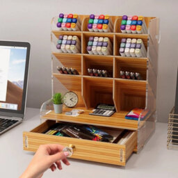 Beige New Pen Pencil Office Study Desk Wooden Storage Holder Organizer Box W/ Drawer - thumbnail 4