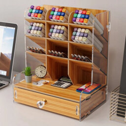 Beige New Pen Pencil Office Study Desk Wooden Storage Holder Organizer Box W/ Drawer - thumbnail 5