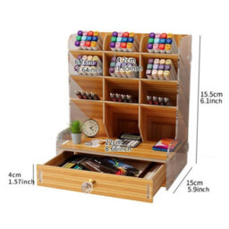 Beige New Pen Pencil Office Study Desk Wooden Storage Holder Organizer Box W/ Drawer - thumbnail 2