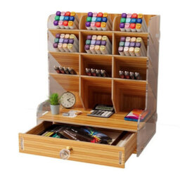 Beige New Pen Pencil Office Study Desk Wooden Storage Holder Organizer Box W/ Drawer