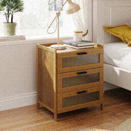 3 Drawer Wooden Bedside Table Cabinet Bedroom Storage Nightstand W/ Clear Doors - thumbnail 4