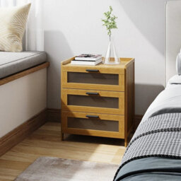 3 Drawer Wooden Bedside Table Cabinet Bedroom Storage Nightstand W/ Clear Doors - thumbnail 3