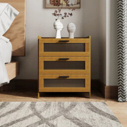3 Drawer Wooden Bedside Table Cabinet Bedroom Storage Nightstand W/ Clear Doors - thumbnail 5