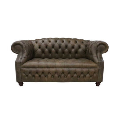 Chesterfield 2 Seater Buttoned Seat Sofa Cracked Wax T Brown Leather In Buckingham Style - image 1