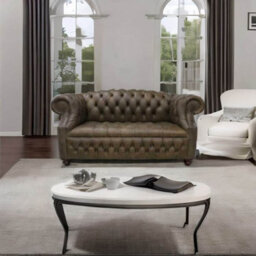 Chesterfield 2 Seater Buttoned Seat Sofa Cracked Wax T Brown Leather In Buckingham Style - thumbnail 2