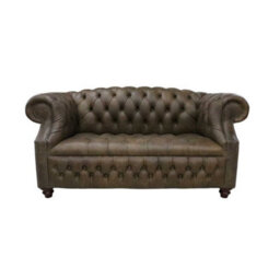 Chesterfield 2 Seater Buttoned Seat Sofa Cracked Wax T Brown Leather In Buckingham Style - thumbnail 1