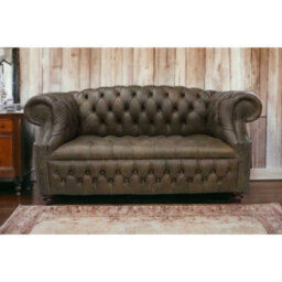 Chesterfield 2 Seater Buttoned Seat Sofa Cracked Wax T Brown Leather In Buckingham Style - thumbnail 3