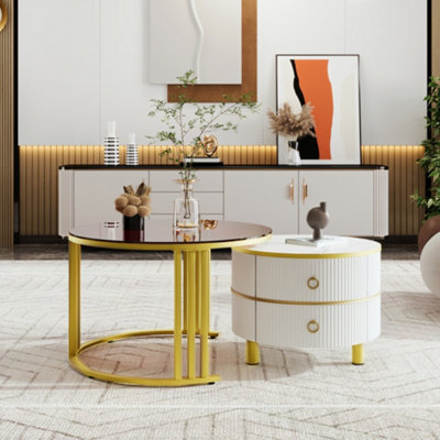 Matteo 2-In-1 Round Nesting Coffee Table Set With Drawers - High-Gloss & Tempered Glass - image 1
