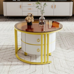 Matteo 2-In-1 Round Nesting Coffee Table Set With Drawers - High-Gloss & Tempered Glass - thumbnail 3