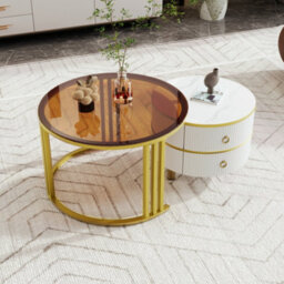Matteo 2-In-1 Round Nesting Coffee Table Set With Drawers - High-Gloss & Tempered Glass - thumbnail 5