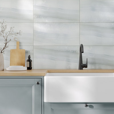 Kale Silk Grey Satin Natural Marble Effect Ceramic Indoor Wall Tile, Pack Of 6, (L)600mm (W)300mm - image 1