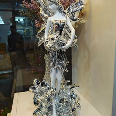 Biznest Luxury Italian Angel Lady Wings Decor Ornament White Silver Gypsy Romany Ceramic 45Cm