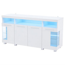 Abrihome White High Gloss Sideboard 140X40X70Cm With Led Lighting, 3-Tier Glass Shelves, Freestanding Buffet For Kitchen & Dining Room - thumbnail 9