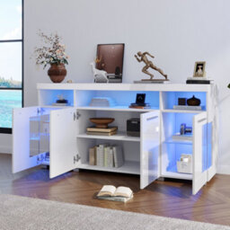 Abrihome White High Gloss Sideboard 140X40X70Cm With Led Lighting, 3-Tier Glass Shelves, Freestanding Buffet For Kitchen & Dining Room - thumbnail 8