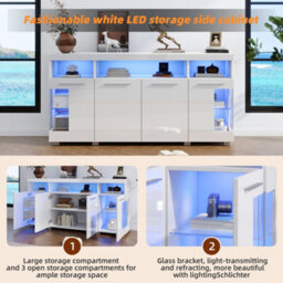 Abrihome White High Gloss Sideboard 140X40X70Cm With Led Lighting, 3-Tier Glass Shelves, Freestanding Buffet For Kitchen & Dining Room - thumbnail 5