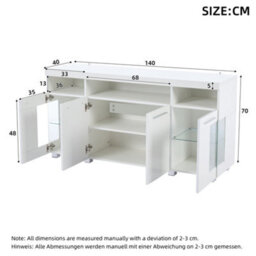 Abrihome White High Gloss Sideboard 140X40X70Cm With Led Lighting, 3-Tier Glass Shelves, Freestanding Buffet For Kitchen & Dining Room - thumbnail 6