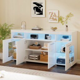 Abrihome White High Gloss Sideboard 140X40X70Cm With Led Lighting, 3-Tier Glass Shelves, Freestanding Buffet For Kitchen & Dining Room - thumbnail 7