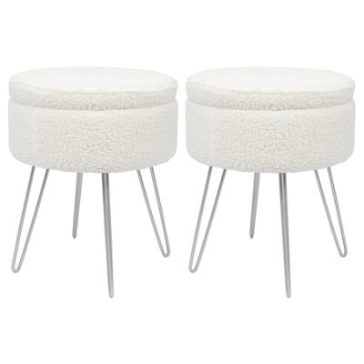 Harbour Housewares 2X Boucle Storage Footstools - Round Modern Dressing Table Footstool Vanity Seat Chairs - 46 X 37Cm Silver Legs - image 1