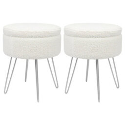 Harbour Housewares 2X Boucle Storage Footstools - Round Modern Dressing Table Footstool Vanity Seat Chairs - 46 X 37Cm Silver Legs
