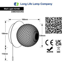 Long Life Lamps Company Frosted Glass Pinecone Sphere Globe Wall Light Chrome With Pull Cord H3100 - thumbnail 2