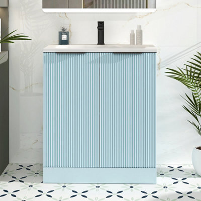 Royal Bathrooms Evora 700mm Powder Blue Fluted Floor Standing Bathroom Vanity Unit 2 Door Cabinet Storage With Stone Basin & Matt Black Handles - image 1