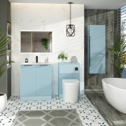 Royal Bathrooms Evora 700mm Powder Blue Fluted Floor Standing Bathroom Vanity Unit 2 Door Cabinet Storage With Stone Basin & Matt Black Handles - thumbnail 2