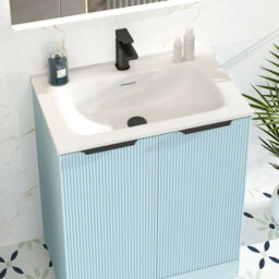 Royal Bathrooms Evora 700mm Powder Blue Fluted Floor Standing Bathroom Vanity Unit 2 Door Cabinet Storage With Stone Basin & Matt Black Handles - thumbnail 4