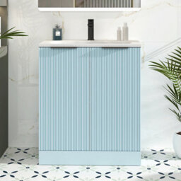 Royal Bathrooms Evora 700mm Powder Blue Fluted Floor Standing Bathroom Vanity Unit 2 Door Cabinet Storage With Stone Basin & Matt Black Handles