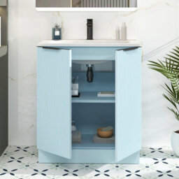 Royal Bathrooms Evora 700mm Powder Blue Fluted Floor Standing Bathroom Vanity Unit 2 Door Cabinet Storage With Stone Basin & Matt Black Handles - thumbnail 3