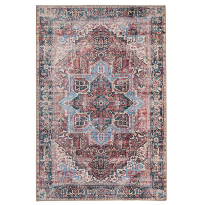 Loomed Red Teal Blue Floral Medallion Anti Slip Washable Rug 200X290Cm - image 1