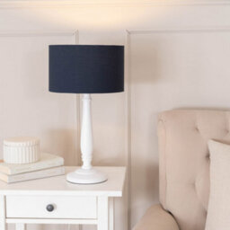 Valuelights Victoria Traditional White Wood Candlestick Table Lamp With Navy Blue Drum Shade