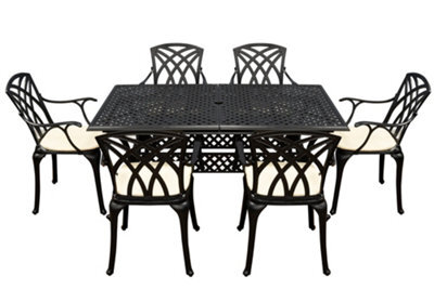 Sh&g Chirk 6 Seat Dining Table Set - 7 Piece Extendable Table & Chairs - Black Aluminium & Cream Cushions - Indoor & Outdoor - image 1