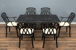 Sh&g Chirk 6 Seat Dining Table Set - 7 Piece Extendable Table & Chairs - Black Aluminium & Cream Cushions - Indoor & Outdoor - thumbnail 2