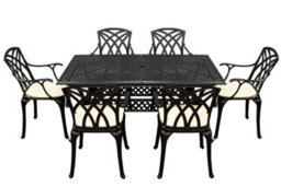 Sh&g Chirk 6 Seat Dining Table Set - 7 Piece Extendable Table & Chairs - Black Aluminium & Cream Cushions - Indoor & Outdoor