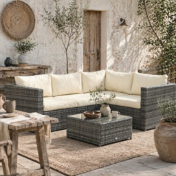 Wyld Haus Sapana 4-Seater Mixed Grey Rattan Corner Garden Sofa Set With Tempered Glass Table